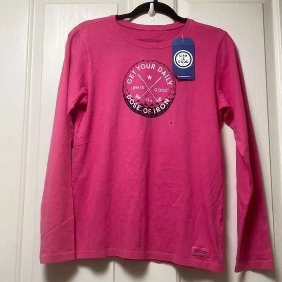 NWT LIFE IS GOOD Long Sleeve Crusher Tee Golf Pink Sz Small - Picture 1 of 7